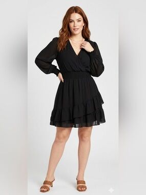 Michael Michael Kors Black Chiffon Mini Dress Smocked Waist Tiered Ruffle Hem XL